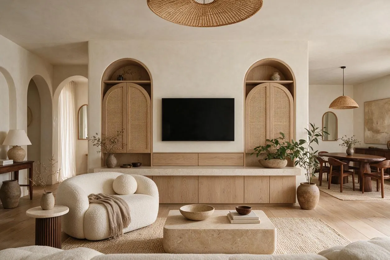 A warm organic modern media room with a wall-mounted TV centered between two arched cane-front built-ins. The room features a curved boucle lounge chair, a stone coffee table, woven pendant lighting, natural wood cabinetry, and soft neutral finishes throughout.