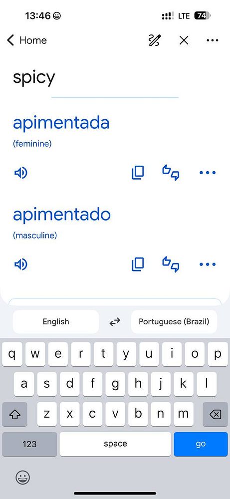 The image displays a language translation interface for the word 'spicy' in Portuguese.