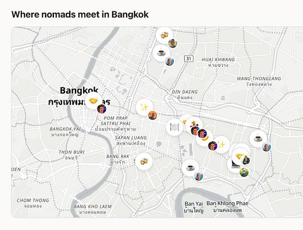 Interactive map showing meetup locations for nomads in Bangkok with various icons and user avatars.