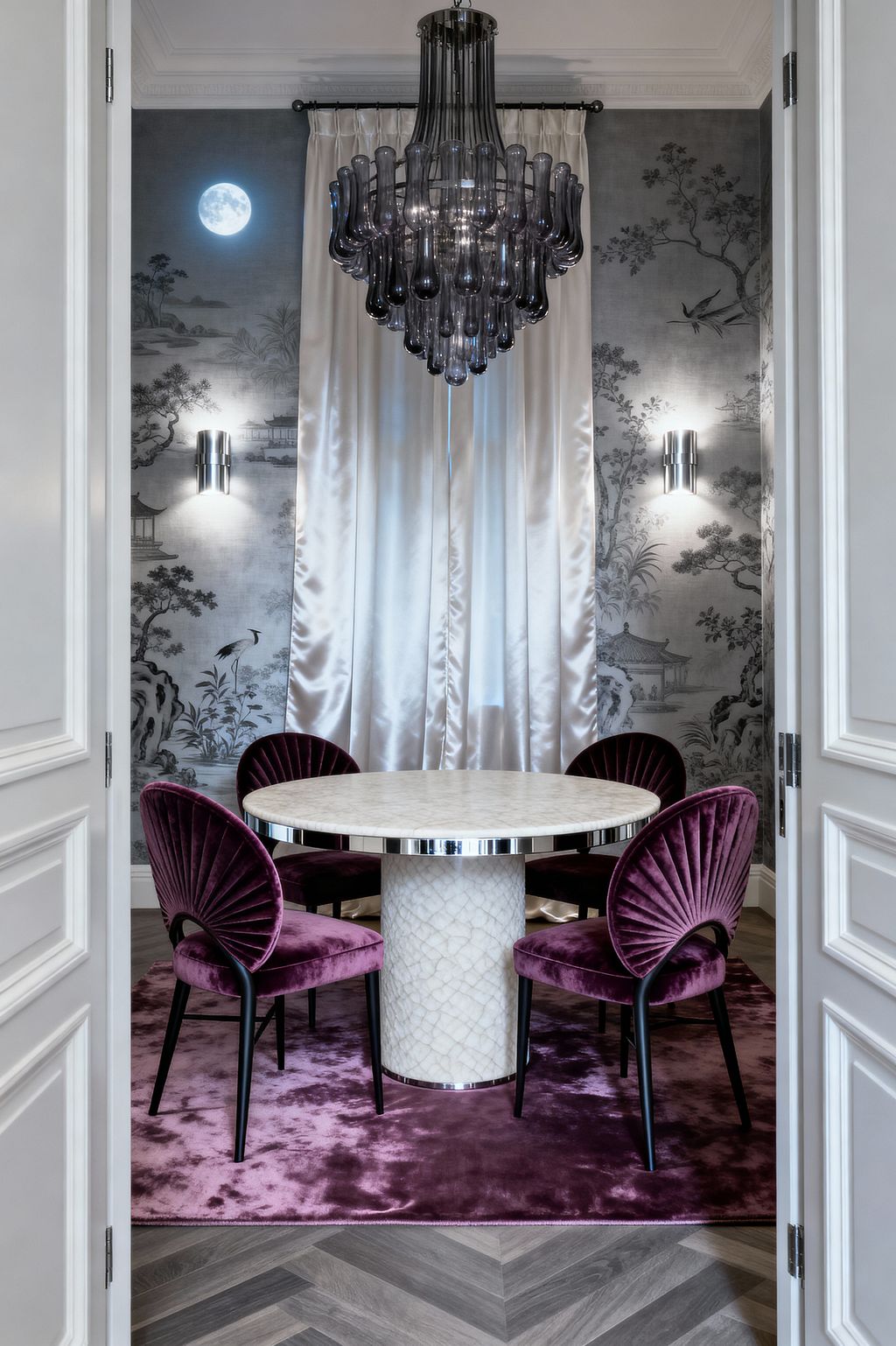 An intimate dining room framed by white paneled doors features a round white marble pedestal table and four plum velvet, fan-back chairs set on a matching amethyst rug. Above, a layered smoky-glass chandelier and polished chrome wall sconces illuminate ivory satin curtains and grayscale chinoiserie wallpaper with pagodas, birds, trees, and a moon, while gray-brown herringbone wood flooring and crisp crown molding add structure to the glamorous setting.