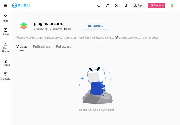 BiliBili user profile page for "pluginsforcarrd" with no videos found.