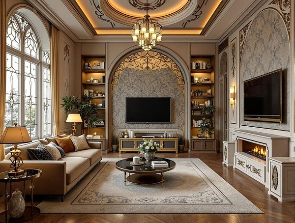 A luxurious living room featuring elegant decor and modern amenities.