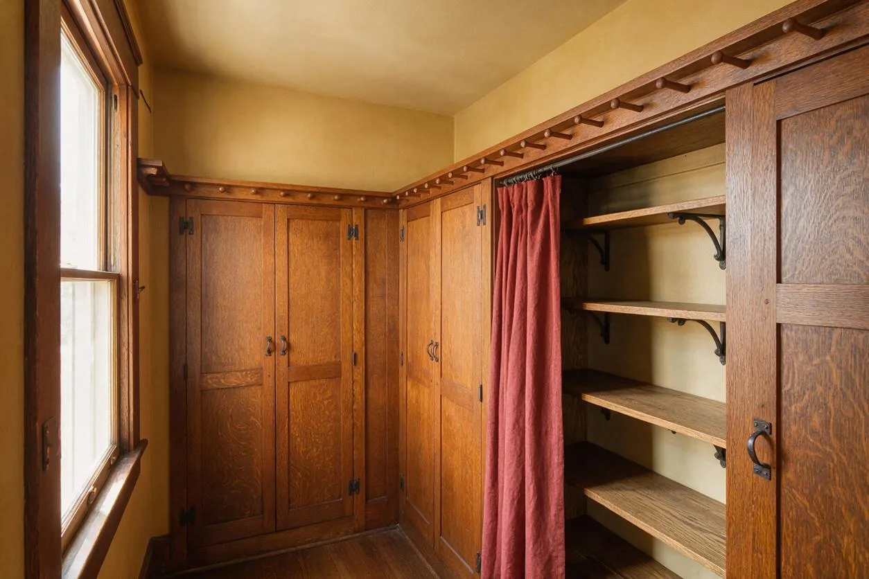 A Craftsman-style closet with built-in wood cabinets and open shelving, finished in warm medium-stained wood with black iron hinges and pulls. A narrow window on the left brings in natural light, and a muted red curtain hangs beside the shelves, adding color to the earthy beige and wood-toned space.