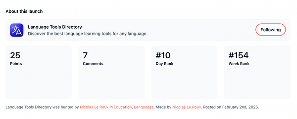 The image displays the Product Hunt launch status for the Language Tools Directory.