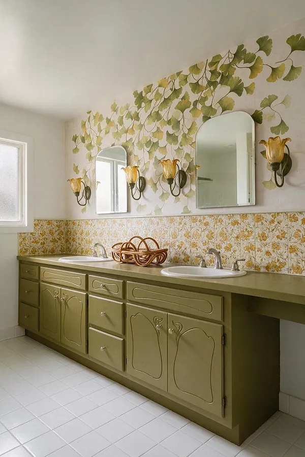 A master bathroom with a long double vanity in muted olive green, twin oval sinks, and decorative carved cabinet fronts. The wall features ginkgo leaf wallpaper or mural above a floral tile backsplash, with arched mirrors and amber glass sconces creating a soft Art Nouveau look.