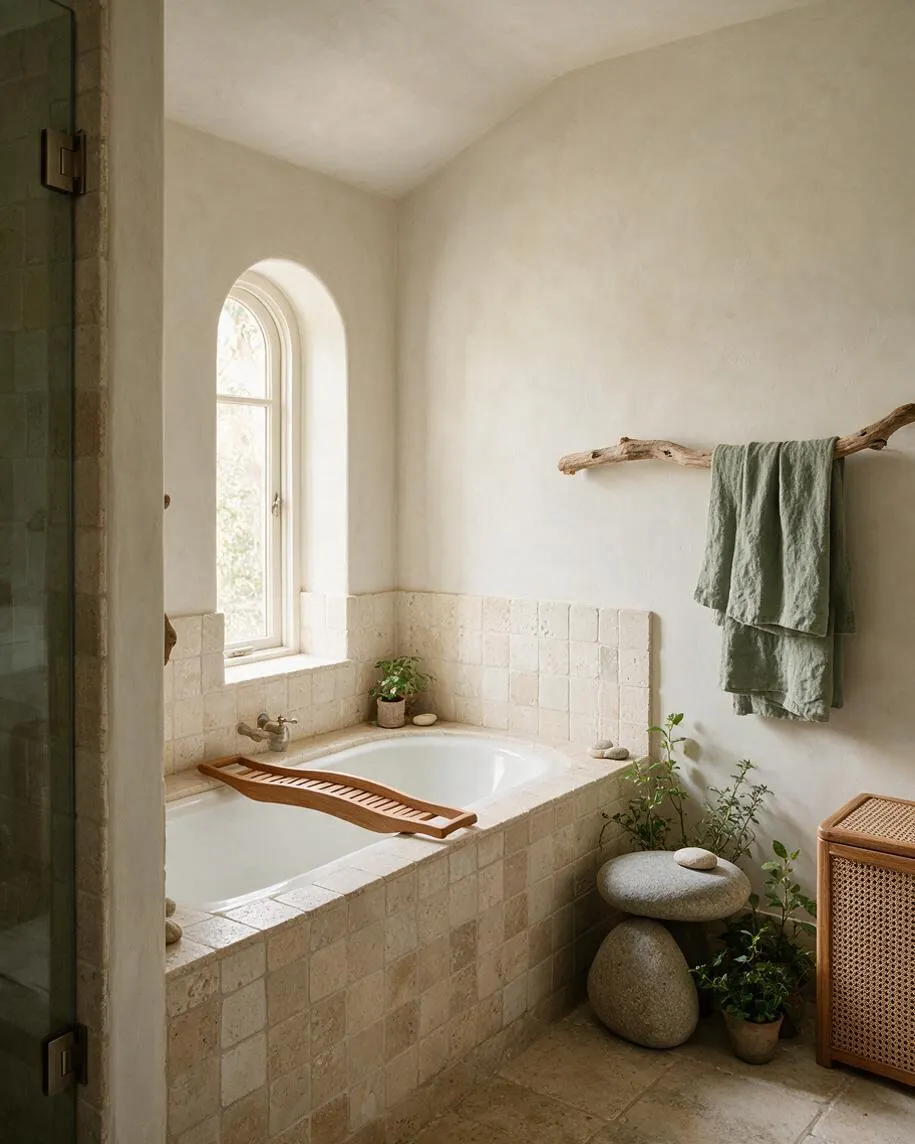 A serene master bathroom with a built-in stone-tiled soaking tub beneath an arched window, soft beige plaster walls, and natural light. A driftwood towel rail, muted green towels, potted plants, stacked river stones, and a woven cabinet create an earthy biophilic atmosphere.