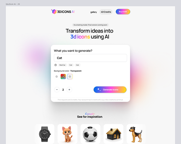 The image displays a user interface for generating 3D icons using AI.