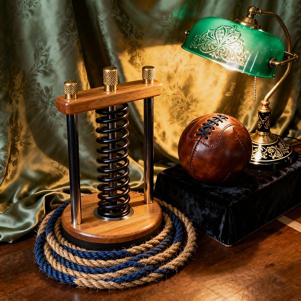 A close-up of a Victorian-style home gym vignette on a polished wood floor shows a brown leather medicine ball on a black velvet block beside a brass banker’s lamp with an etched green glass shade, casting warm light onto olive damask drapery. Next to it stands a compact spring resistance trainer with oak base and top, blackened steel posts and central coil, capped with knurled brass knobs, encircled by coiled navy and natural jute ropes.