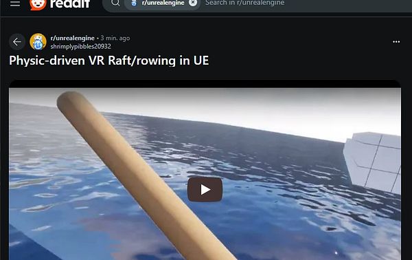 A virtual reality scene showcasing a physics-driven raft and rowing mechanism in Unreal Engine.