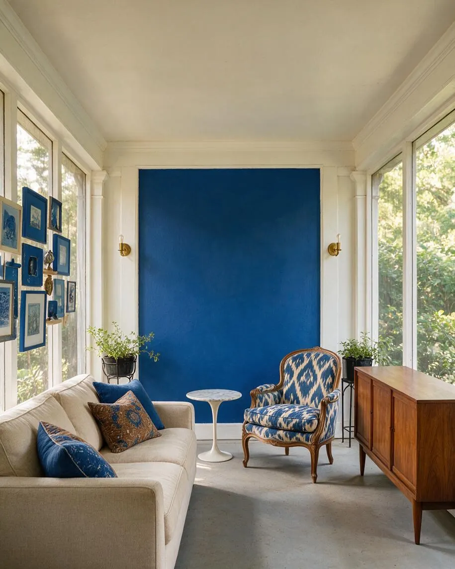 A bright enclosed front porch with white walls and large windows surrounding the space. A bold cobalt blue accent wall anchors a beige sofa, a patterned vintage-style armchair, a white pedestal table, framed blue artwork on the left wall, and a warm wooden cabinet on the right.