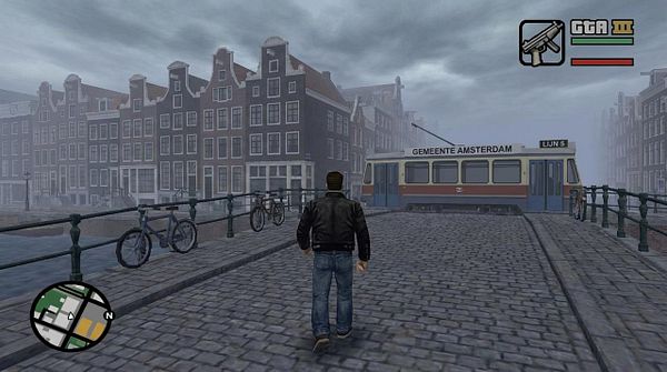 A character walks along a cobblestone street in a virtual Amsterdam setting inspired by GTA 3.