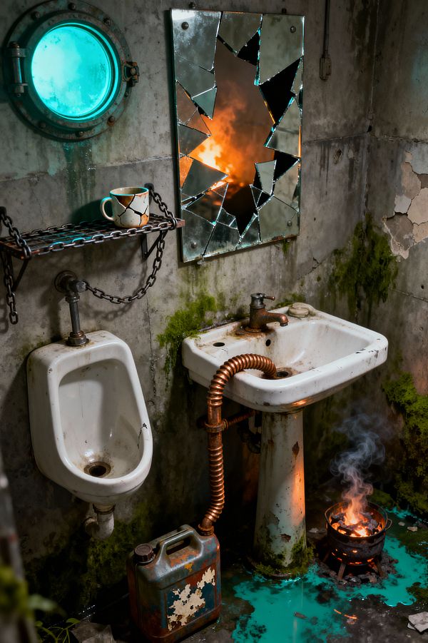 A derelict bathroom with stained concrete walls shows a chipped porcelain sink plumbed with exposed copper coils beside a worn urinal. A chain-hung wire shelf holds a cracked mug, a circular porthole glows turquoise, and a starburst-shattered mirror reflects orange fire. On the floor, a dented jerry can sits near a small brazier with smoke rising over a puddle of vivid blue-green liquid, while moss creeps along the damp walls.