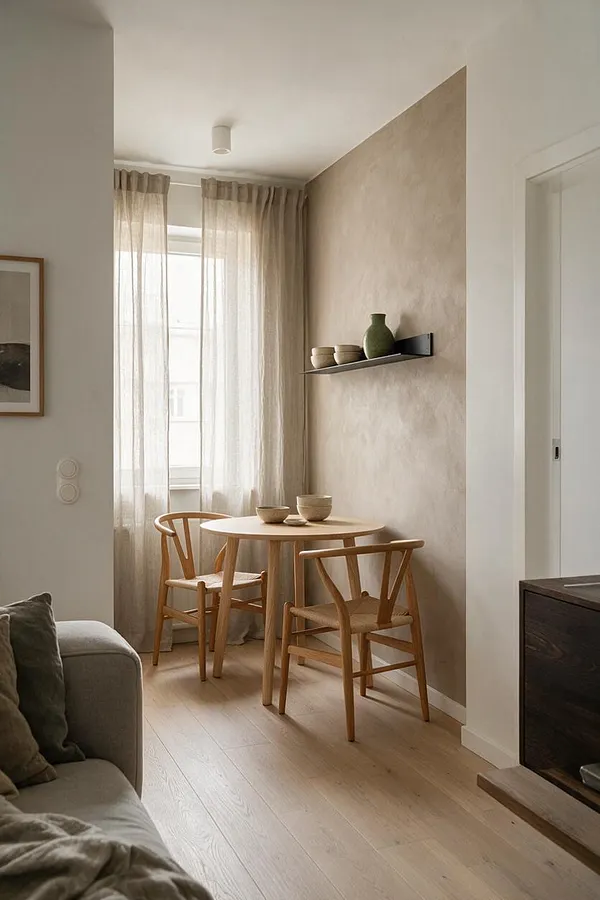 A small Japandi-style dining nook with a round light wood table and two matching wooden chairs placed beside a tall window. Sheer beige curtains filter daylight, while a textured taupe wall holds a slim black shelf with ceramic bowls and a green vase.