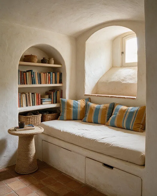 A cozy Mediterranean-style basement reading nook with curved plaster walls, built-in arched shelving filled with books and pottery, and a cushioned bench under a small window. The space features striped throw pillows, a rope-wrapped side table, and terracotta floor tiles in warm earthy tones.