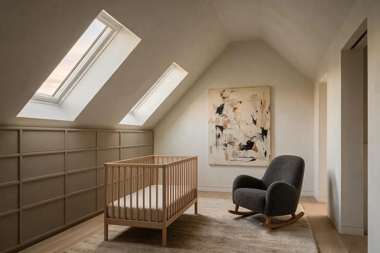 A modern nursery in a sloped-ceiling attic room with two skylights, a light wood crib, and a dark textured rocking chair on a cream rug. A large abstract painting and built-in wall paneling add a refined, minimalist feel.