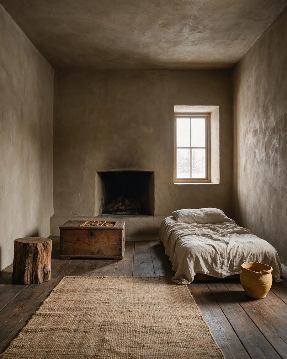 A sparse game room with rough plaster walls, a small window, and a dark fireplace centered on the back wall. The room includes a weathered wooden chest with a board game, a low bed covered in rumpled linen, a tree-stump stool, a woven jute rug, and a handmade clay vessel.