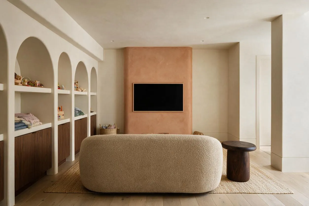 A serene media room features a low, rounded boucle sofa centered on a woven rug facing a wall-mounted TV set into a warm plaster feature wall. Along the left side, built-in arched niches with open shelving and wood lower cabinets display folded textiles and small objects, while a dark wood side table and pale neutral walls complete the organic modern look.