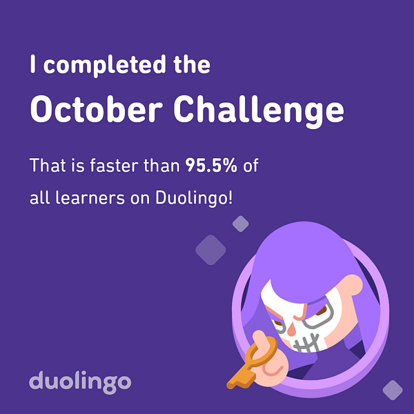 A celebratory notification from the Duolingo app indicating completion of the October Challenge.