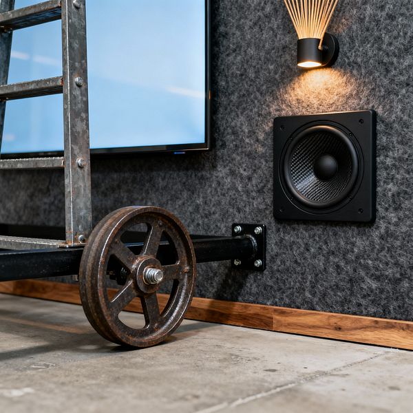 Close-up of an industrial media room featuring a charcoal felt wall with a flush-mounted black speaker beside the edge of a wall-mounted TV. In the foreground, a galvanized steel rolling ladder with a patinated cast-iron wheel connects to a black pipe bracket over a polished concrete floor, while a small black sconce with fan-like brass rods casts warm light above a strip of walnut baseboard.