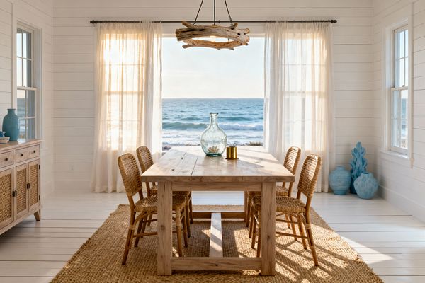 A bright coastal dining room features a rectangular light-wood dining table with six woven rattan chairs on a chunky jute rug. White shiplap walls and painted plank floors surround tall windows with sheer white curtains framing a sunlit ocean view. A circular driftwood pendant hangs above a sea-glass green bottle and a small brass candleholder. A light-wood sideboard with cane panels holds a blue vase, with larger blue ceramic vessels grouped in the corner.
