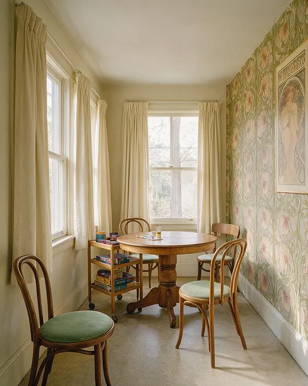 A narrow game room with a round wooden table, four curved-back bentwood chairs with green seats, and a small rolling cart holding board games. Cream curtains frame tall windows, while the right wall features Art Nouveau floral wallpaper and a framed decorative poster, creating a warm, vintage atmosphere.