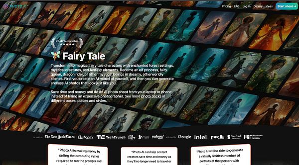 A promotional webpage for an AI photography service featuring a collection of fairy tale-themed images.