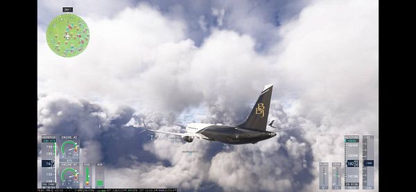 A flight simulation scene depicting an aircraft flying through clouds with various flight data displayed.