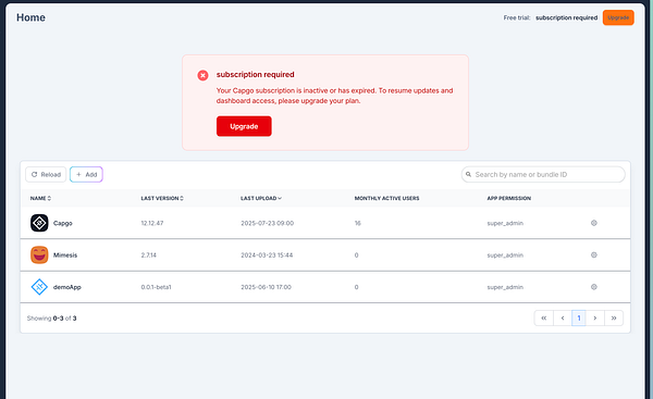 The image displays a dashboard interface for managing applications with a subscription alert at the top.