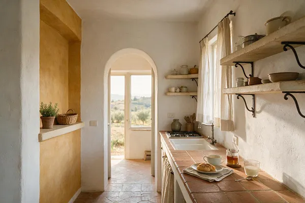 A narrow Mediterranean-style kitchen with white plaster walls, an arched doorway, and a terracotta-tiled countertop running along the right wall. Open shelves hold simple ceramics and jars, while a window with light curtains brings in soft daylight. Natural textures, a small sink, and a view through the doorway create a warm, rustic atmosphere.