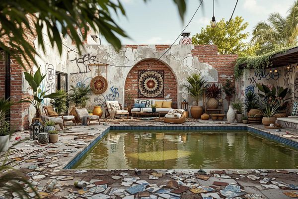 An abandoned, overgrown courtyard featuring a pool surrounded by eclectic decor and graffiti.