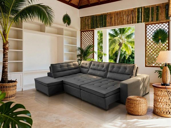 A digitally created interior scene of a modern living room with new furniture placement.