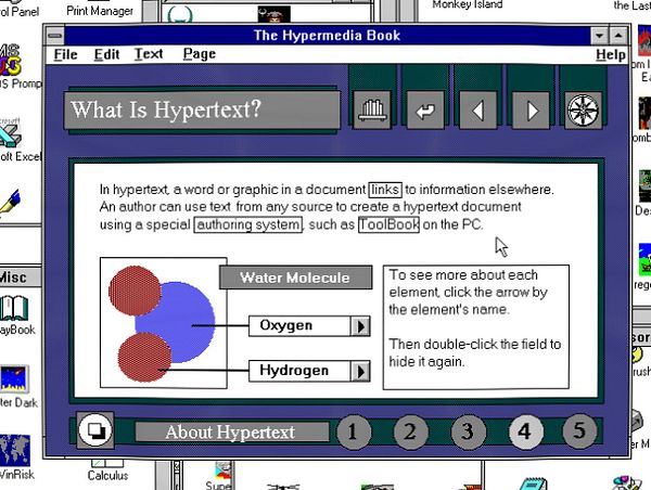 HyperCard application window with a message stating 'No Stack Open' is displayed on a Windows 3.11 desktop environment.