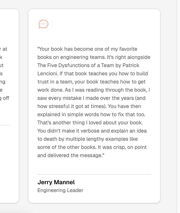 A quote from Jerry Mannel praising a book on engineering teams.
