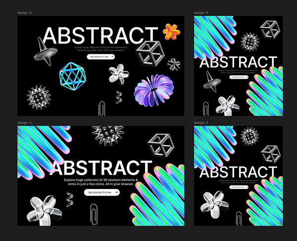 The image features a collection of four abstract poster designs showcasing 3D elements against a black background.