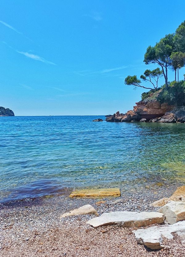 A serene beach scene featuring clear blue water and rocky shores.