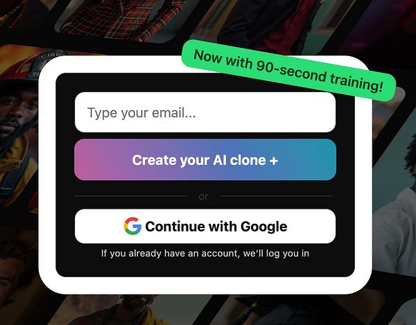 The image displays a user interface for creating an AI clone with an email input and Google sign-in option.