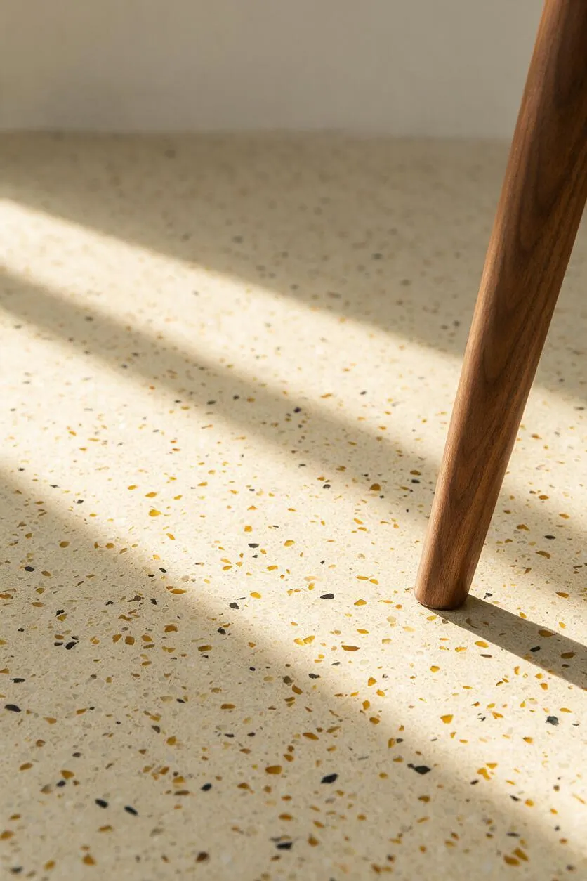 A close-up of a speckled terrazzo floor in warm cream tones with amber, black, and tan chips, crossed by soft sunlight. A tapered walnut wood leg from a mid-century modern piece enters from the upper right, casting a long shadow across the surface.