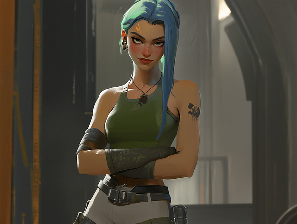 A confident character with blue hair and a green tank top stands with arms crossed in a stylized environment.