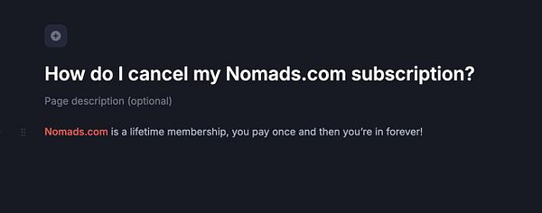 FAQ section titled "FAQ" with question "Is #nomads a subscription?" answered as "No" in a white text box on a wooden surface background.