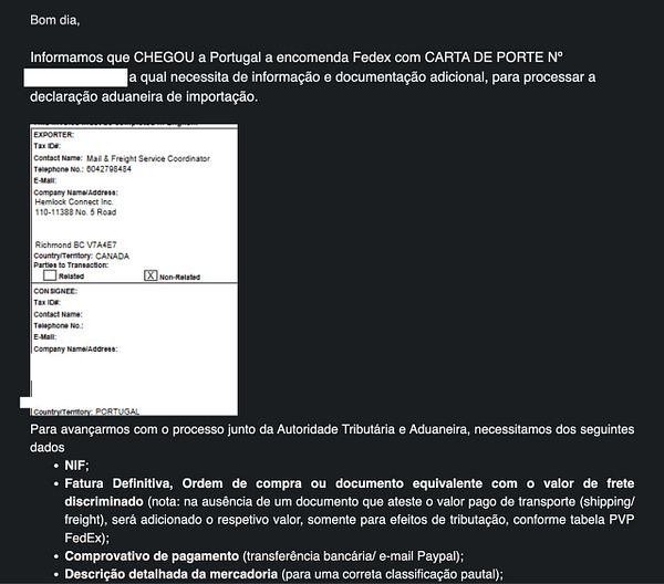 The image displays a notification regarding a FedEx shipment that has arrived in Portugal, requiring additional documentation for customs clearance.