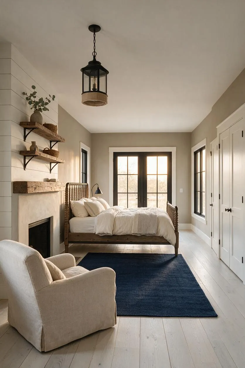 A farmhouse-style master bedroom with a rustic wood bed, white bedding, and a cream upholstered armchair. The room includes a shiplap fireplace wall with floating wood shelves, black metal lantern pendant lighting, white double doors, and a dark blue area rug on light wood floors.