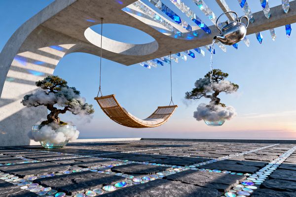 An open-air patio features a sculptural concrete pergola with a large circular opening and rows of blue-and-clear crystal prisms that refract light across the space. A bamboo sling hammock hangs at center, flanked by bonsai trees in clear bowls surrounded by cloudlike mist, while a polished metal teapot hovers and pours water; beneath, charcoal stone pavers are gridded with iridescent glass inlays, set against a vast sky and horizon.