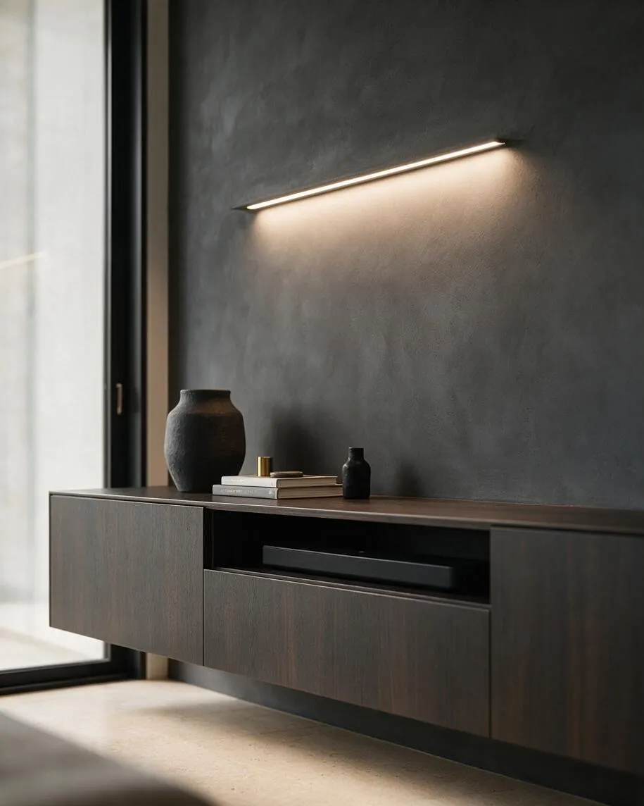 A modern interior detail with a floating dark wood console mounted against a charcoal textured wall. A slim linear wall light casts a warm glow above the console, which is styled with stacked books and small ceramic vases beside a tall window that brings in soft daylight.