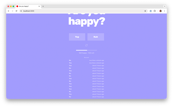 Screenshot of the AreYouHappyApp displaying recent happiness check-ins with corresponding timestamps and emoticons.