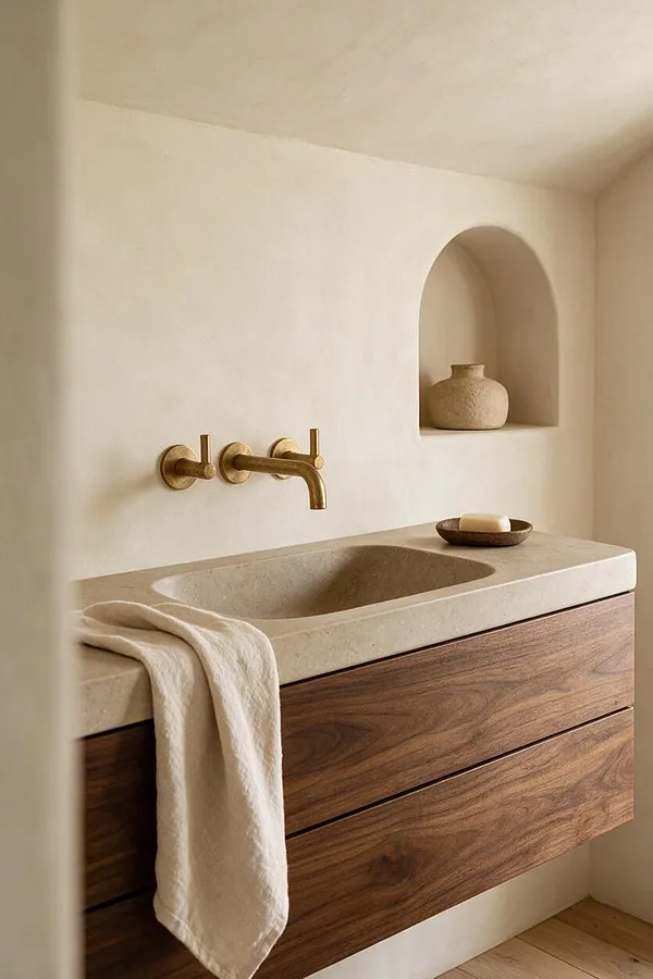 A minimalist bathroom vanity in warm neutral tones features a stone trough sink set into a wood floating cabinet with brass wall-mounted faucets. A soft cream towel hangs over the counter, and a recessed arched niche holds a textured ceramic vase beside a simple soap dish.