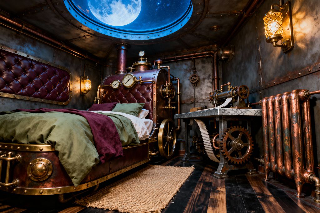 A whimsical steampunk children’s bedroom with a boiler-like bed clad in tufted burgundy leather and brass rivets, topped with gauges and a wheel at the foot. Patinated copper pipes and riveted metal panels line the walls, lit by cage-style sconces. A gear-driven workstation with a veined marble top stands beside a vintage copper radiator. A round skylight shows a bright moon above dark wood flooring and a jute rug.