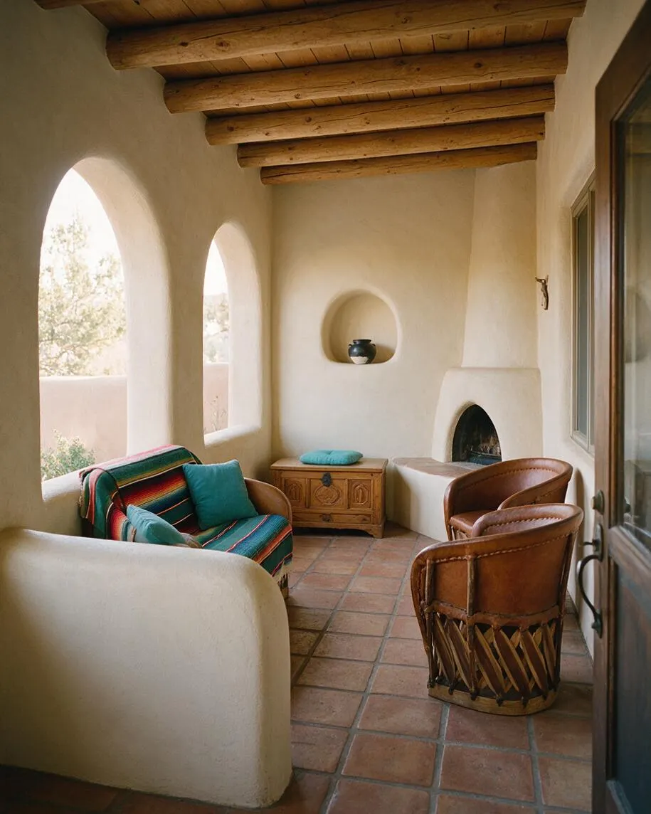 A Southwestern-style front porch with smooth adobe walls, rounded arch openings, exposed wooden ceiling beams, terracotta tile flooring, and a small kiva-style fireplace. The space includes a leather chair, a colorful striped blanket over a cushioned seat, a carved wood chest, and a built-in wall niche with a pottery vessel.