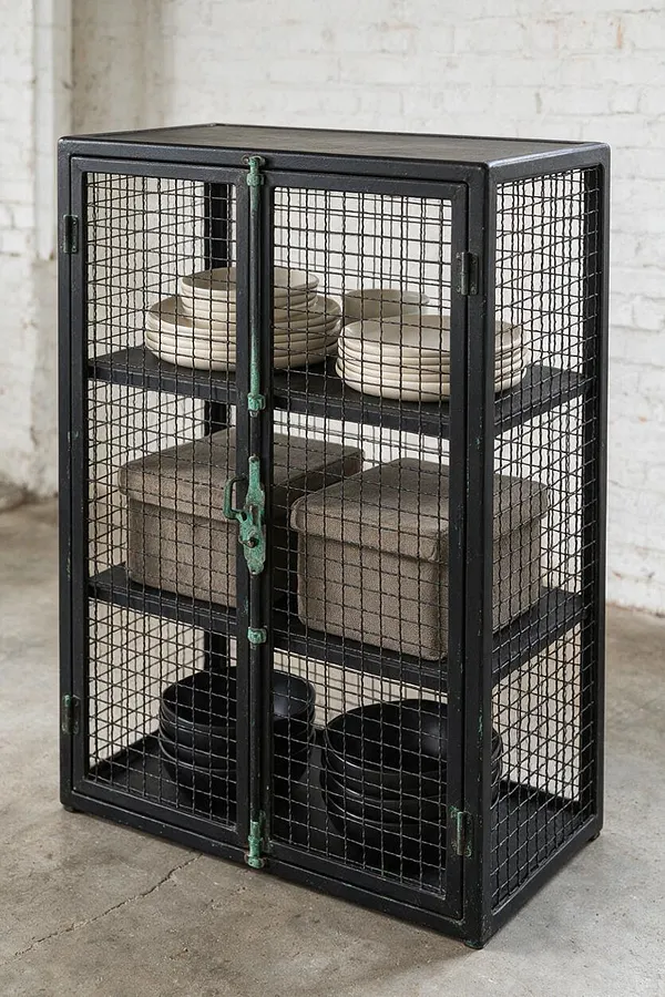 A tall black industrial-style cabinet with wire mesh sides and doors stands against a white brick wall. Inside are stacked cream plates on the top shelves, neutral storage boxes in the middle, and black bowls on the bottom shelf.