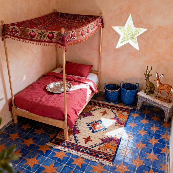 A Moroccan-style kids’ room features a low natural wood canopy bed with deep red linens and a patterned pomegranate canopy, set on cobalt blue zellige tiles with terracotta stars. A cream Berber rug, star-shaped window, two cobalt baskets, a painted low table displaying wooden animal figurines, and a silver tray on the bed sit against warm peach tadelakt walls lit by natural daylight.