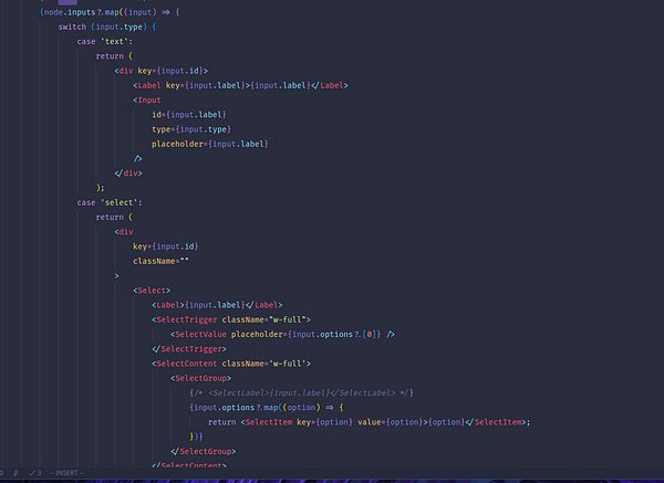 The image displays a code snippet for creating a dynamic form in a JavaScript framework.